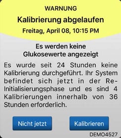 Die Warnmeldung lautet: „Kalibrierung abgelaufen“.