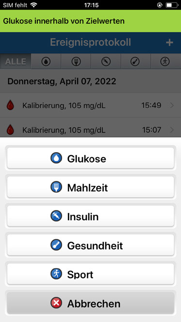 Bildschirm einer Gesundheits-App für die Ereignisprotokollierung: