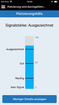 Balkendiagramm zeigt die Signalstärke „Ausgezeichnet“ bei 100, mit Abstufungen: Ausgezeichnet, Gut, Schwach, Kein Signal.